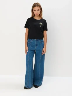 MOHITO Bawełniany t-shirt z aplikacją czarny Sale