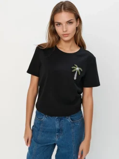 MOHITO Bawełniany t-shirt z aplikacją czarny Sale