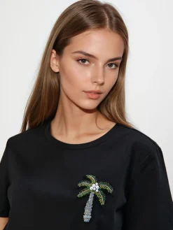 MOHITO Bawełniany t-shirt z aplikacją czarny Sale