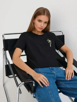 MOHITO Bawełniany t-shirt z aplikacją czarny Sale