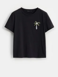 MOHITO Bawełniany t-shirt z aplikacją czarny Sale