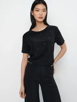 MOHITO Bawełniany t-shirt z dżetami czarny Hot