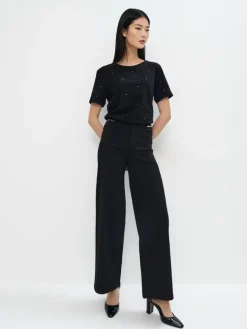 MOHITO Bawełniany t-shirt z dżetami czarny Hot