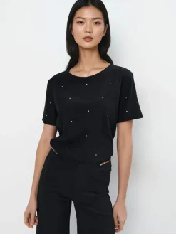 MOHITO Bawełniany t-shirt z dżetami czarny Hot