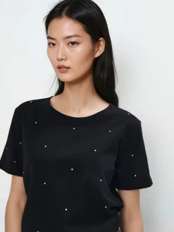 MOHITO Bawełniany t-shirt z dżetami czarny Hot
