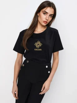 MOHITO Bawełniany t-shirt z nadrukiem czarny Fashion