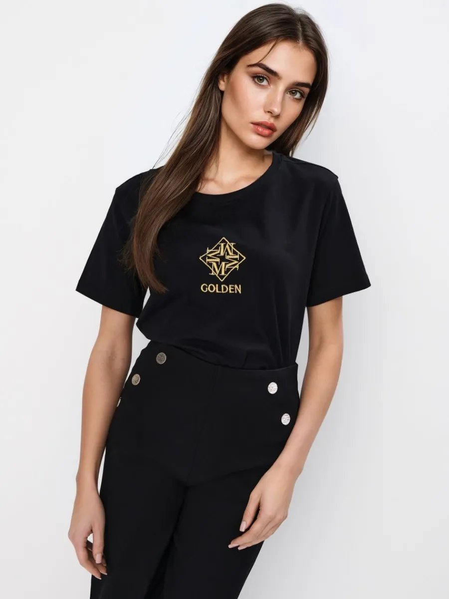 MOHITO Bawełniany t-shirt z nadrukiem czarny Fashion