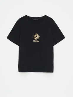 MOHITO Bawełniany t-shirt z nadrukiem czarny Fashion