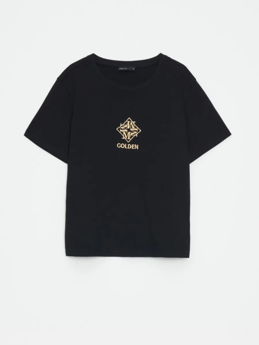 MOHITO Bawełniany t-shirt z nadrukiem czarny Fashion
