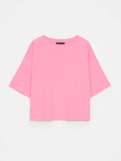MOHITO Bawełniany różowy t-shirt pastelowy ru00f3u017cowy Fashion