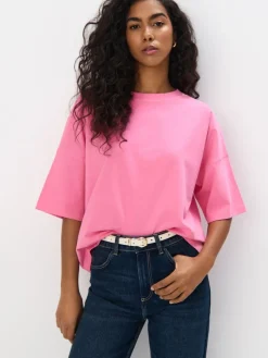 MOHITO Bawełniany różowy t-shirt pastelowy ru00f3u017cowy Fashion