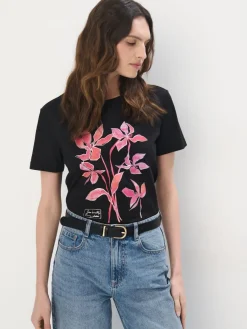 MOHITO Bawełniany t-shirt w kwiaty czarny Hot