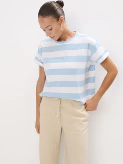 MOHITO Bawełniany t-shirt w paski biau0142y Clearance