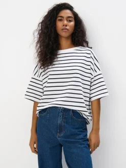 MOHITO Bawełniany t-shirt w paski biau0142y Hot