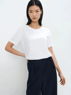 MOHITO Bawełniany t-shirt z dżetami biau0142y Discount