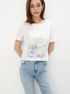 MOHITO Bawełniany t-shirt z kwiatowym printem biau0142y Clearance