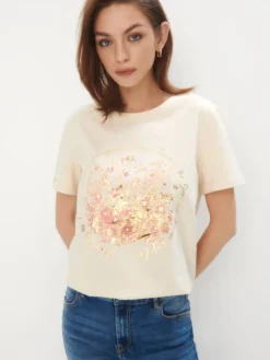 MOHITO Bawełniany t-shirt z kwiatowym printem beu017cowy Best