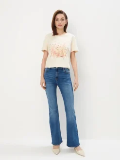 MOHITO Bawełniany t-shirt z kwiatowym printem beu017cowy Best