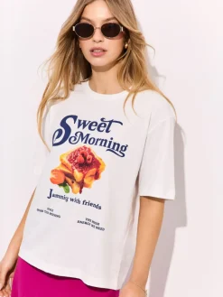 MOHITO Bawełniany t-shirt z nadrukiem biau0142y Online