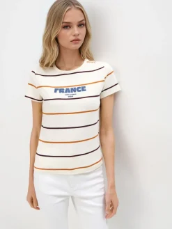 MOHITO Bawełniany t-shirt z nadrukiem beu017cowy Online