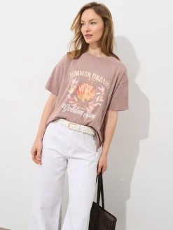 MOHITO Bawełniany t-shirt z nadrukiem beu017cowy Sale