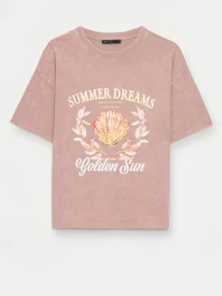 MOHITO Bawełniany t-shirt z nadrukiem beu017cowy Sale