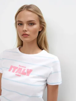 MOHITO Bawełniany t-shirt z nadrukiem bu0142u0119kitny Discount