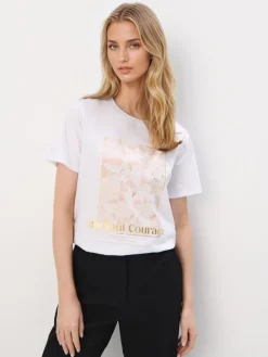MOHITO Bawełniany t-shirt z nadrukiem beu017cowy Outlet