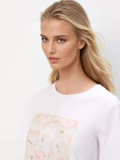 MOHITO Bawełniany t-shirt z nadrukiem beu017cowy Outlet