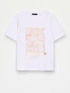 MOHITO Bawełniany t-shirt z nadrukiem beu017cowy Outlet