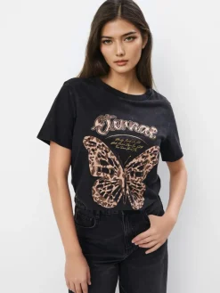 MOHITO Bawełniany t-shirt z nadrukiem czarny Best