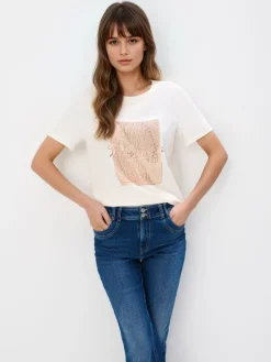 MOHITO Bawełniany t-shirt z nadrukiem beu017cowy Outlet