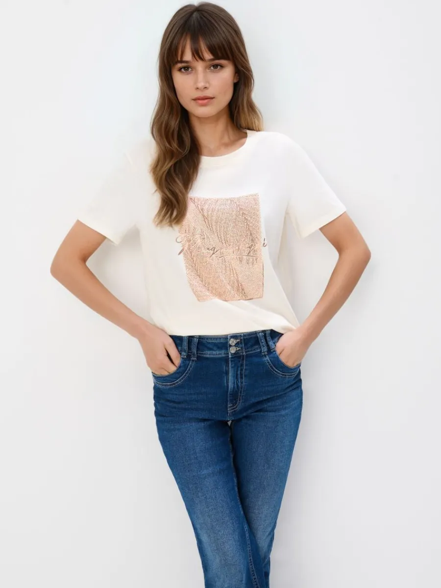 MOHITO Bawełniany t-shirt z nadrukiem beu017cowy Outlet