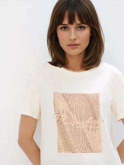 MOHITO Bawełniany t-shirt z nadrukiem beu017cowy Outlet