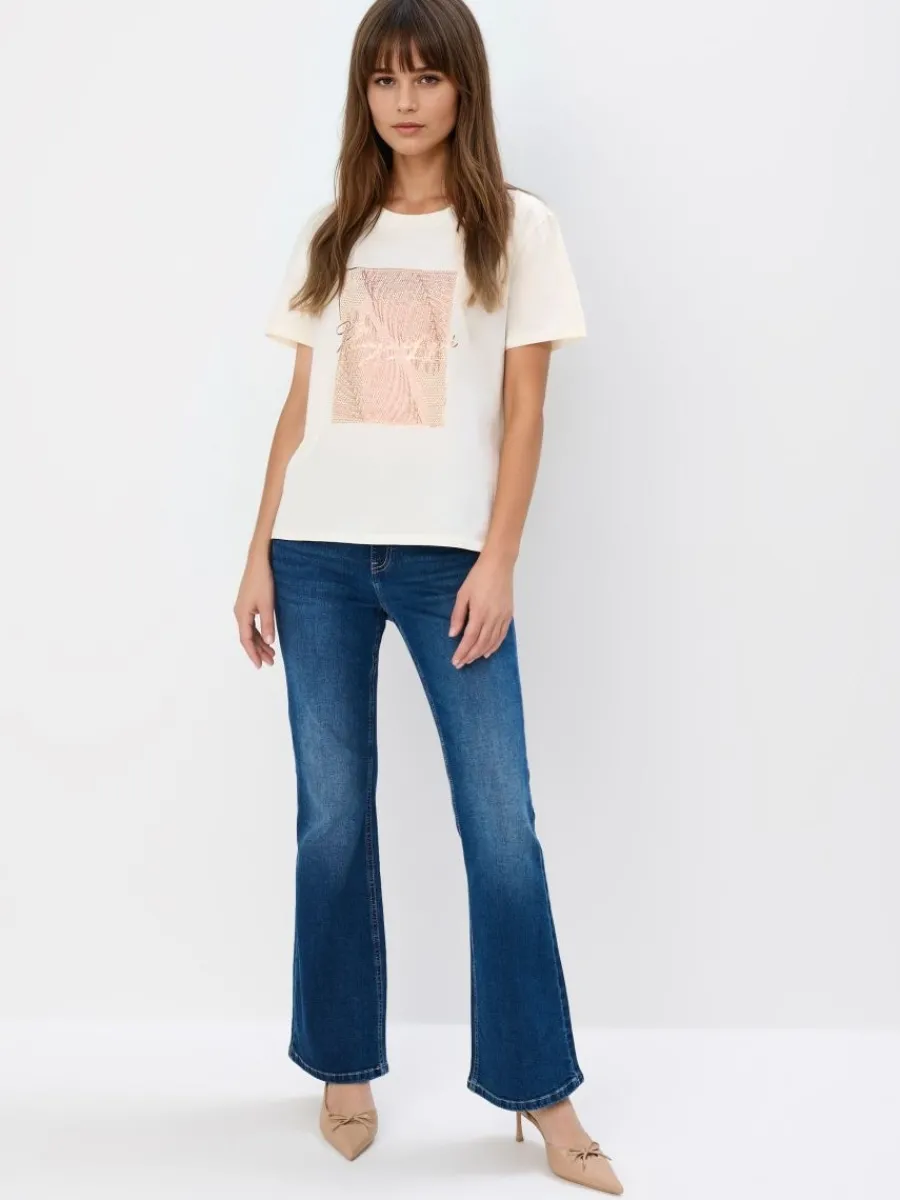 MOHITO Bawełniany t-shirt z nadrukiem beu017cowy Outlet