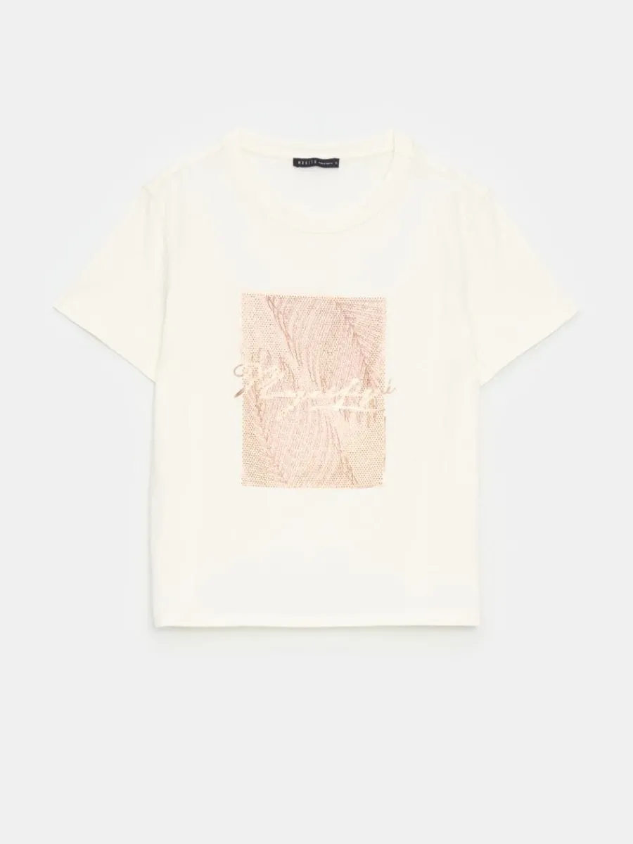 MOHITO Bawełniany t-shirt z nadrukiem beu017cowy Outlet