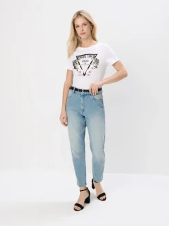 MOHITO Bawełniany t-shirt z nadrukiem biau0142y Clearance