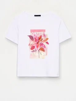 MOHITO Bawełniany t-shirt z printem biau0142y Hot