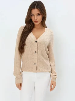 MOHITO Beżowy kardigan z metalizowaną nitką sand Fashion