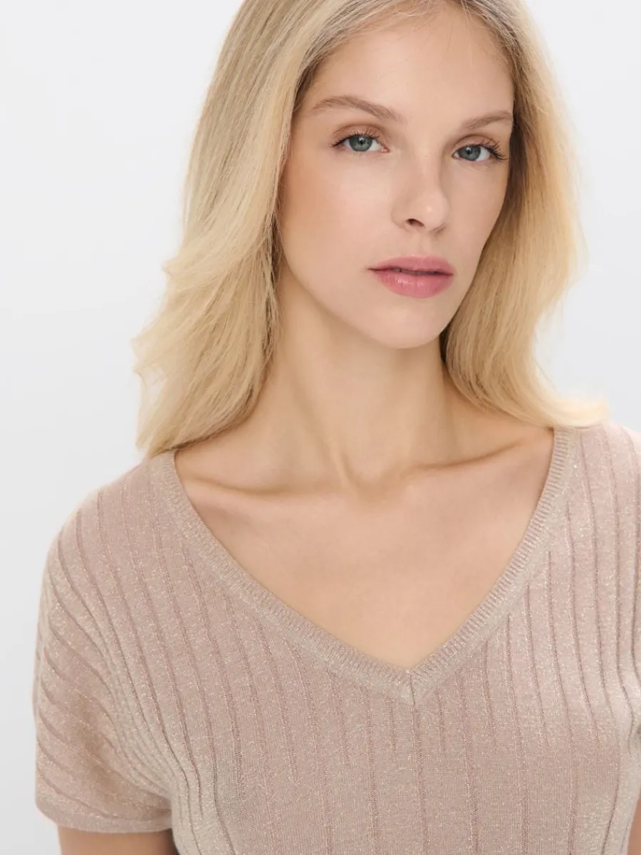 MOHITO Beżowy sweter z metalizowaną nitką sand Fashion