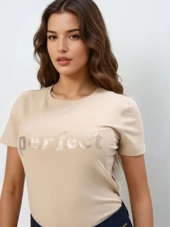 MOHITO Beżowy t-shirt z cekinową aplikacją beu017cowy Fashion