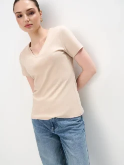 MOHITO Beżowy t-shirt z merceryzowanej bawełny beu017cowy Best