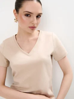 MOHITO Beżowy t-shirt z merceryzowanej bawełny beu017cowy Best