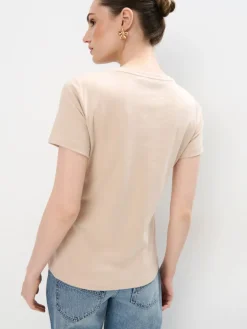 MOHITO Beżowy t-shirt z merceryzowanej bawełny beu017cowy Best