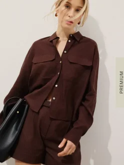 MOHITO Brązowa koszula z lnu i wiskozy ciemno bru0105zowy Fashion