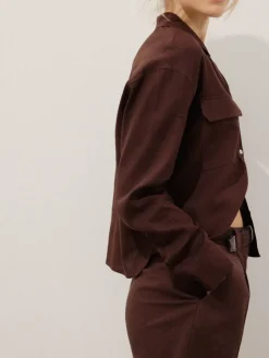 MOHITO Brązowa koszula z lnu i wiskozy ciemno bru0105zowy Fashion