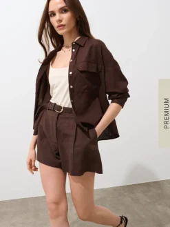 MOHITO Brązowa koszula z lnu i wiskozy ciemno bru0105zowy Fashion