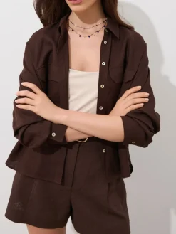 MOHITO Brązowa koszula z lnu i wiskozy ciemno bru0105zowy Fashion