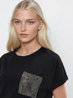 MOHITO t-shirt z cekinową kieszenią czarny New