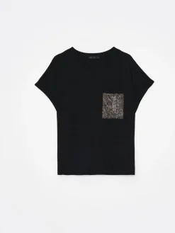 MOHITO t-shirt z cekinową kieszenią czarny New